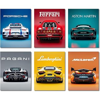 Pack of 6 Car Posters Supercar Poster Super Sports Car Wall Art for Boys and Men Bedroom Racing Car Wall Art for Office Living Room Gift for Car Lovers Teenagers