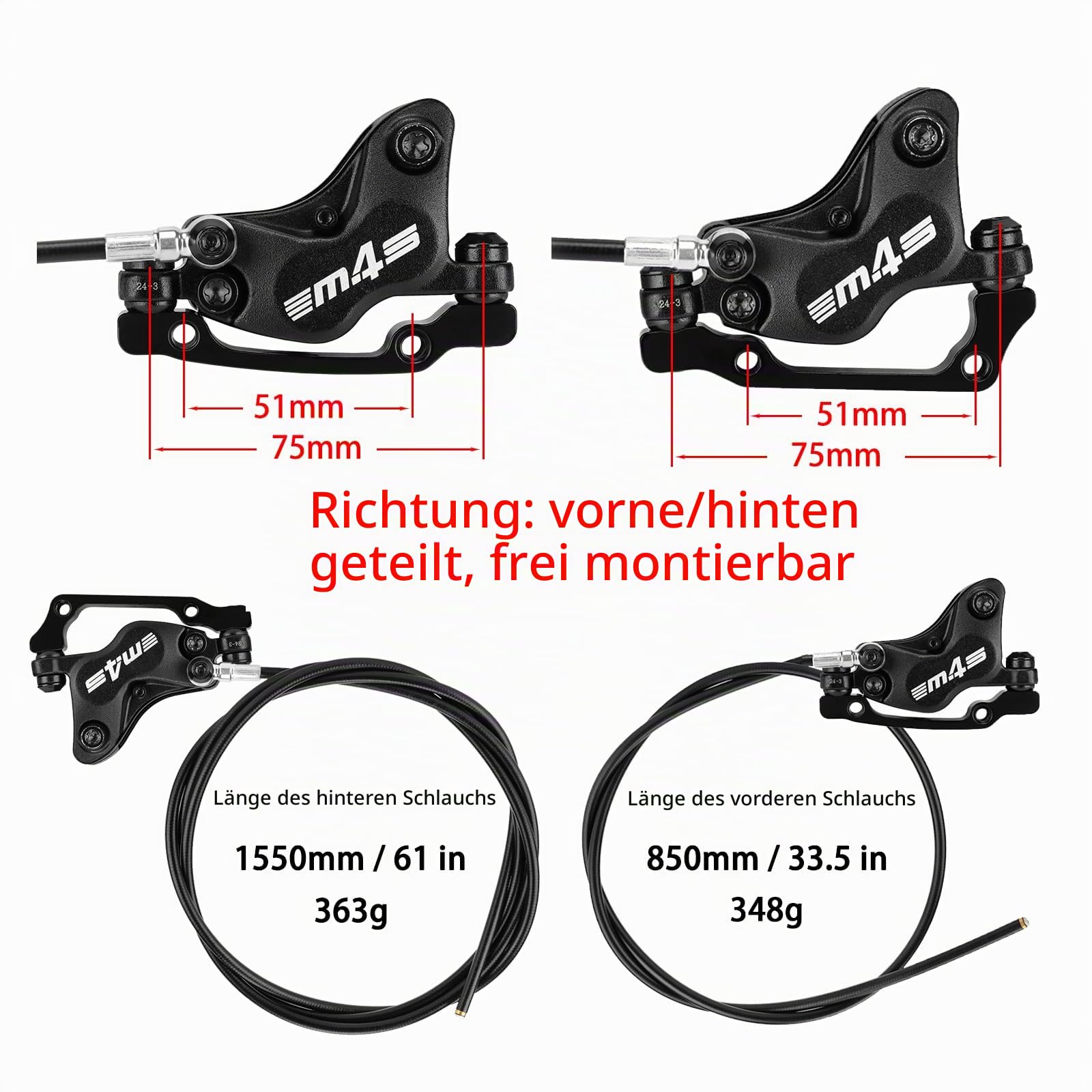 MEROCA M4S 4-Kolben-Hydraulische Scheibenbremsen für Mountainbike vorne 850mm hinten 1550mm Hydraulische E-Bike-Bremse Gespaltene vordere/hintere Bremssättel Fahrrad-Scheibenbremse