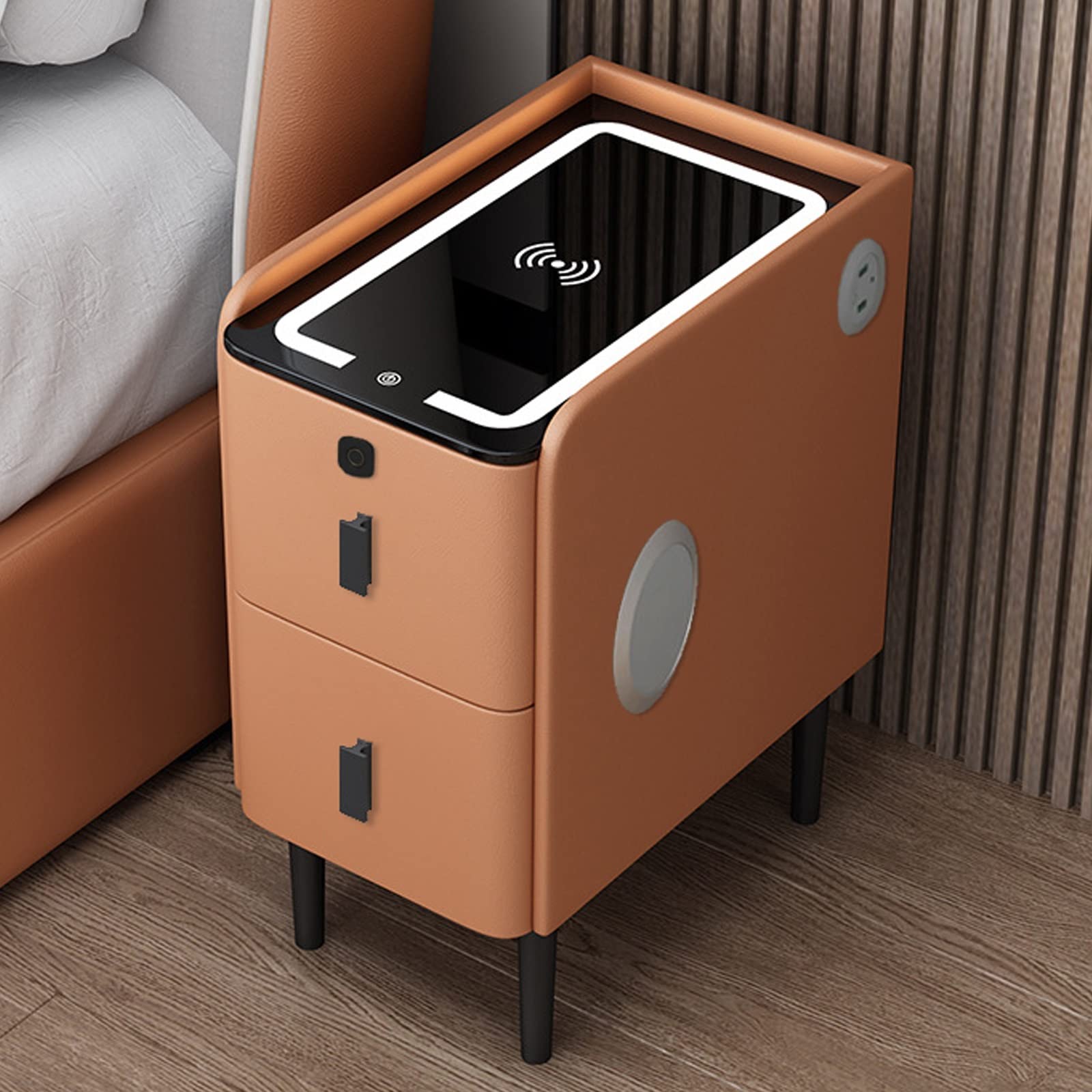 Smart Bedside End Table with Storage Drawer and LED Light - Small Narrow Nightstand with Drawer - White Modern Nightstand with USB Charging Port