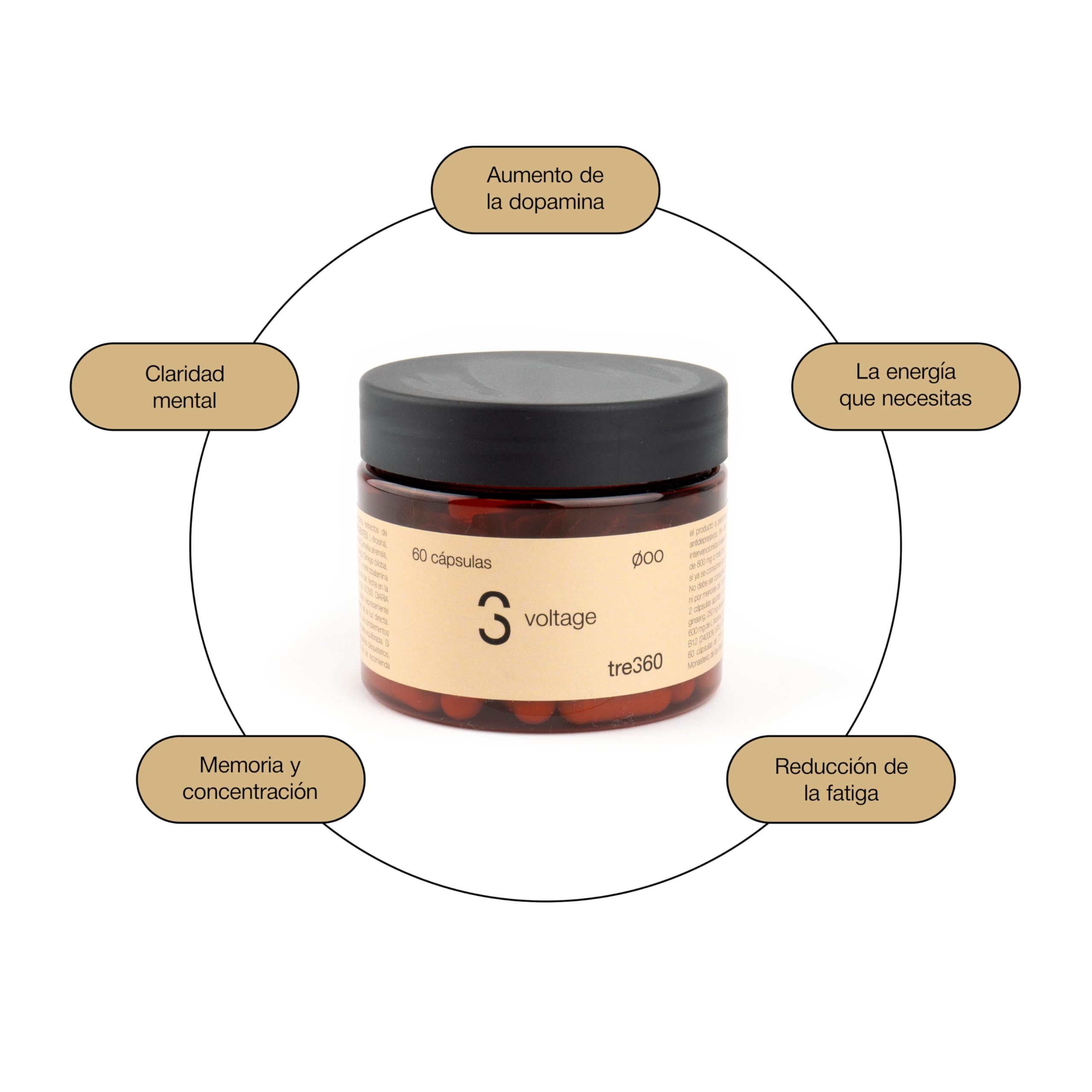 Tres60 - Voltage Energía y Rendimiento – 60 Cápsulas - Cafeína, Taurina, Ginseng, L-Arginina y Té Verde - Complejo con Vitaminas B y Vitamina C - Suplemento Energizante para Concentración