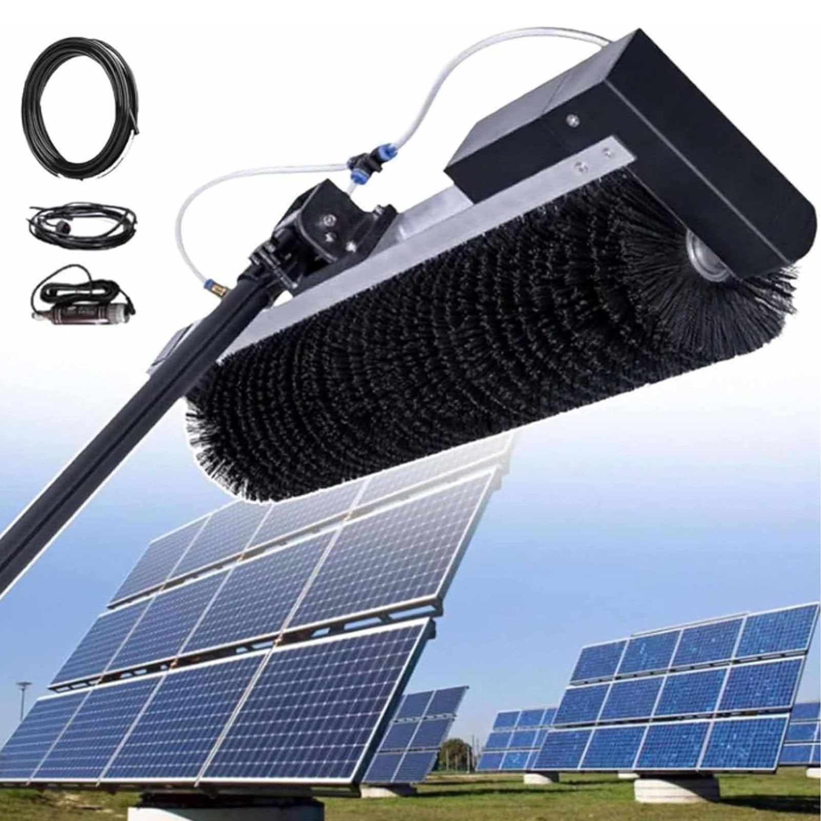 Oiyekntd Roller Brush for Cleaning Solar Panels, Electric Photovoltaic Panel Brush Kit for Cleaning Exterior Brush with 360° Automatic Rotating, Adjustable Telescopic Rod LithiumBattery-7.5m/24.6ft