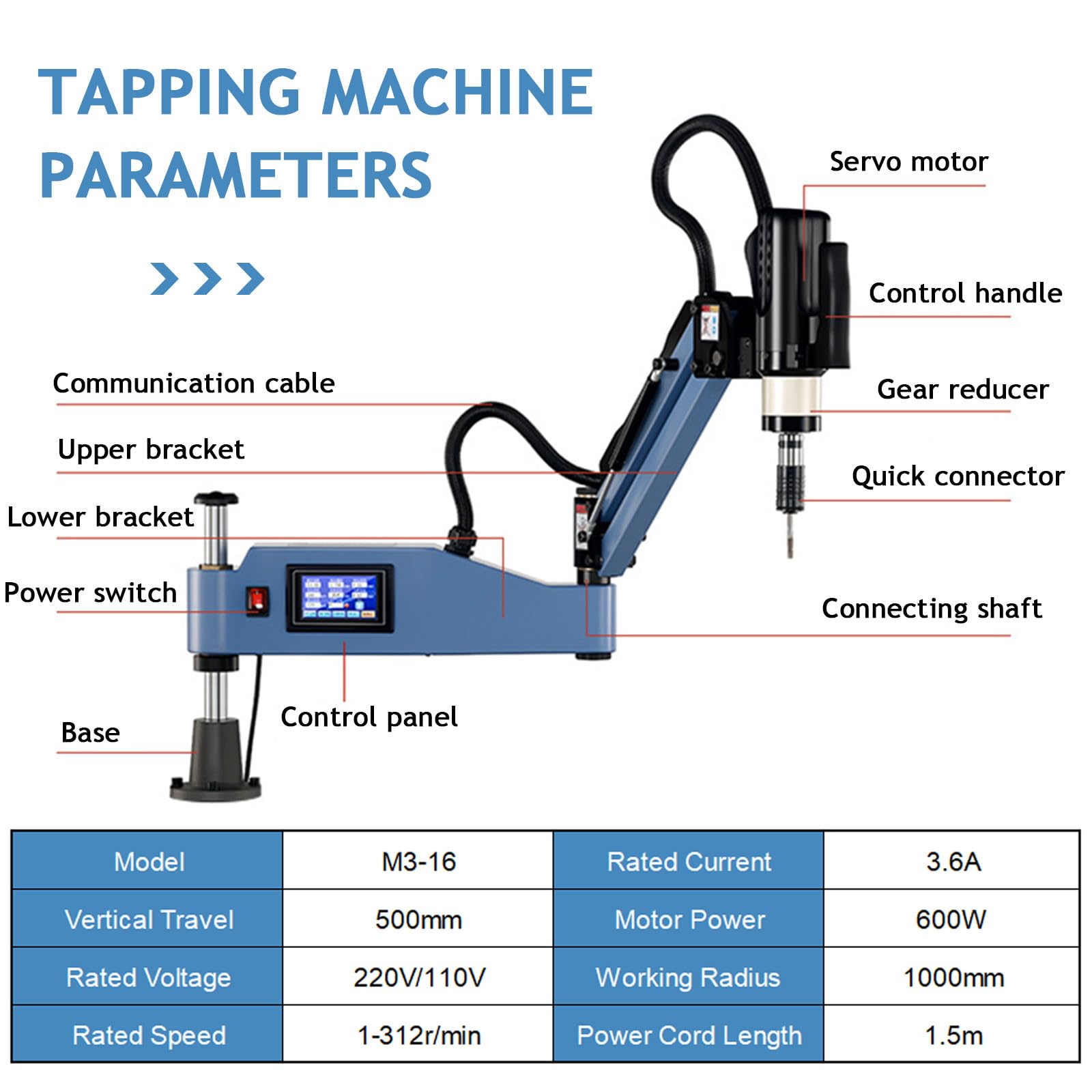 Trapano Maschiatore con Servomotore a Braccio Universale, Macchina maschiatrice elettrica, 0-312 Giri/min, Macchina maschiatrice CNC, Macchina Maschiatrice Multidirezionale M3-16