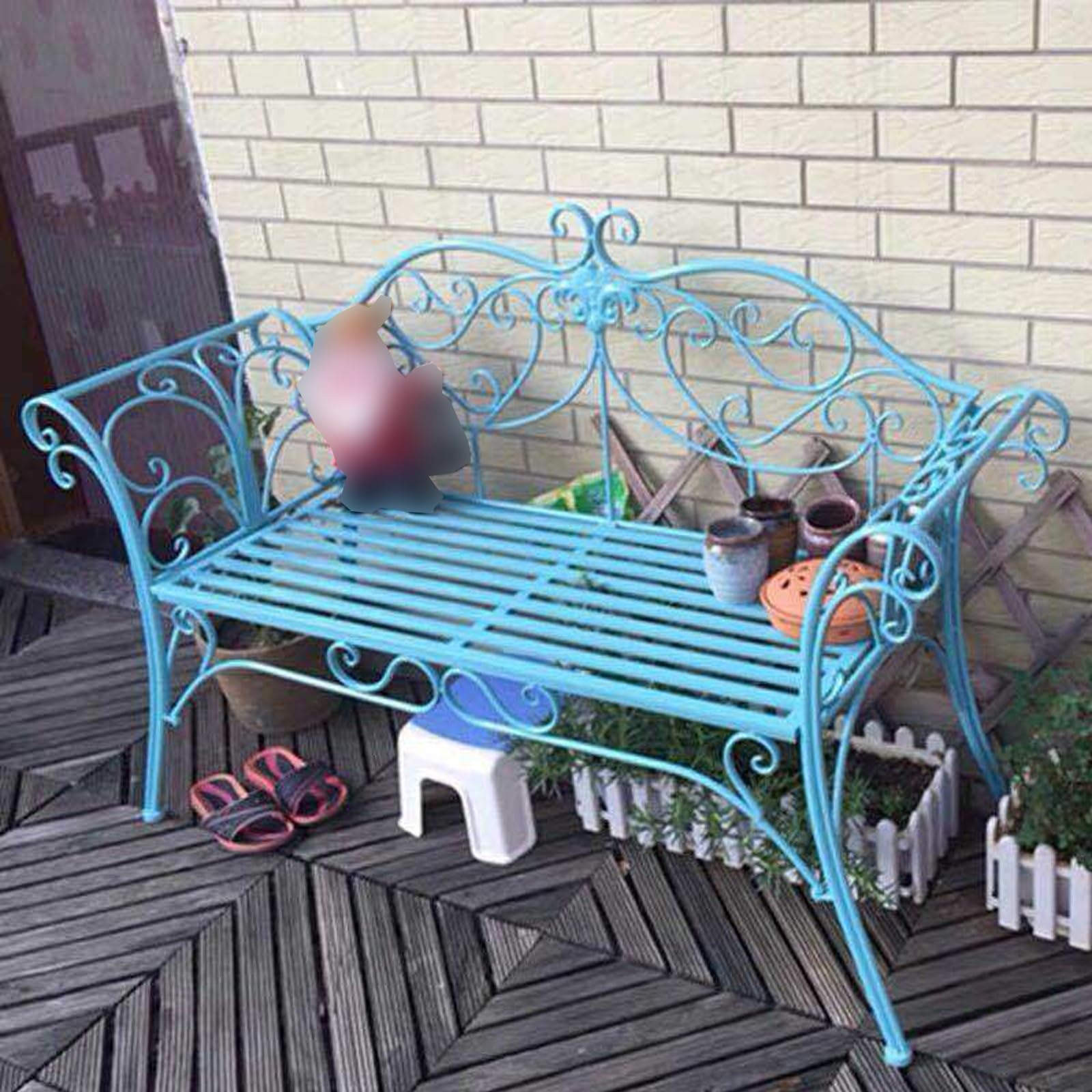 Banco de jardín de metal tallado para exteriores, resistente al viento y a la lluvia, ideal para patios, parques y jardines, elegante solución de asiento azul