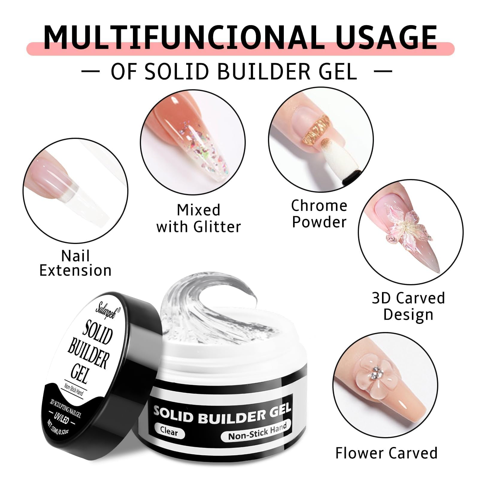 Sularpek 2 x15 ml Solid Builder Gel for Nails 3D Nail Gel, Non-Stick Solid Sculpture Builder Gels - Image 2