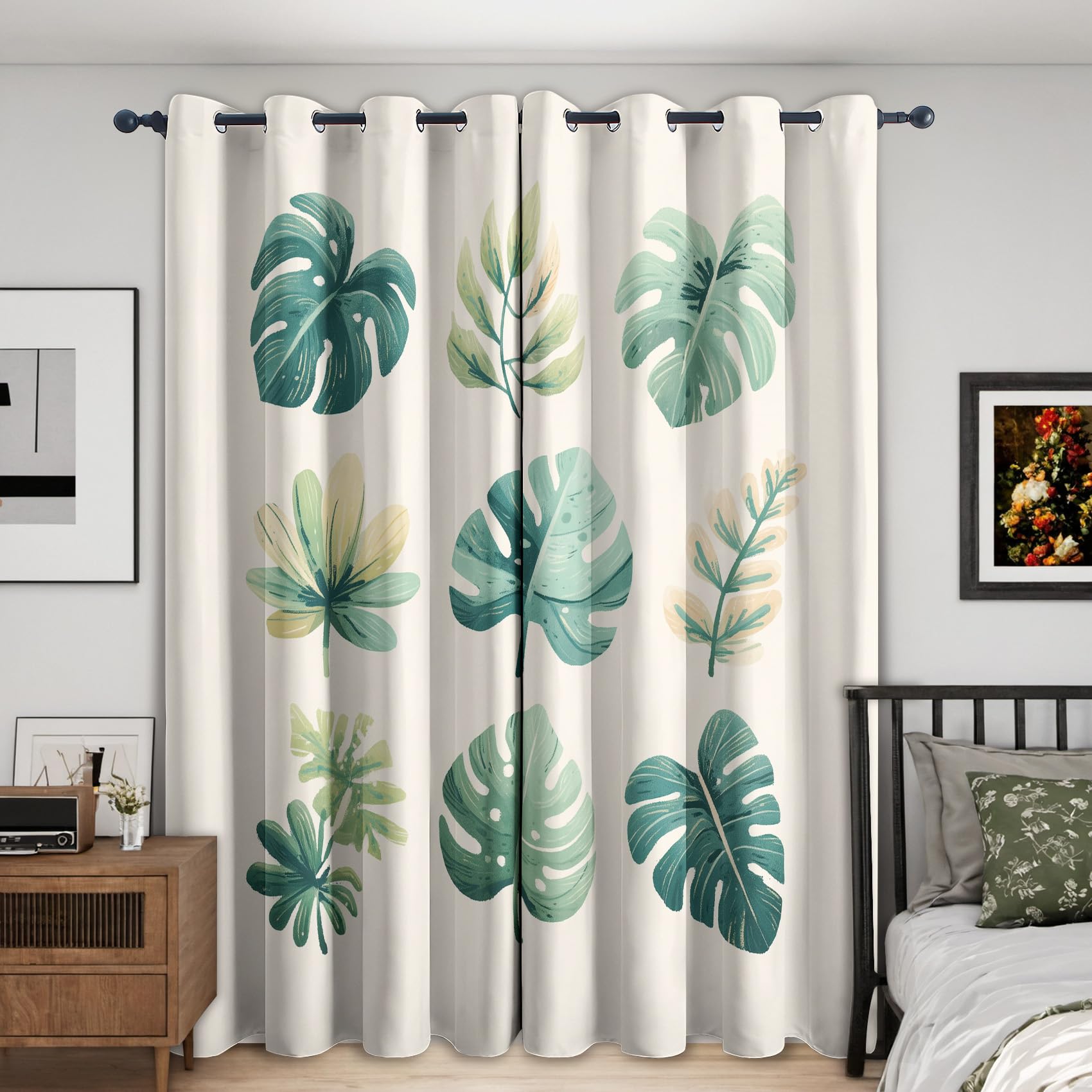 Niyaka Green White Monstera Leaf Curtain Blackout, Botanical Green Leaves Curtains 42X84, Living Room & Bedroom Decor Drapes, Thermal Insulated Eyelet Monstera Window Treatments 84 Drop, 2 Panels