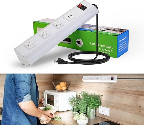 Luces LED para debajo del gabinete con tomas, luces blancas de 6000 K brillantes debajo de la encimera para cocina, banco de trabajo, oficinas,