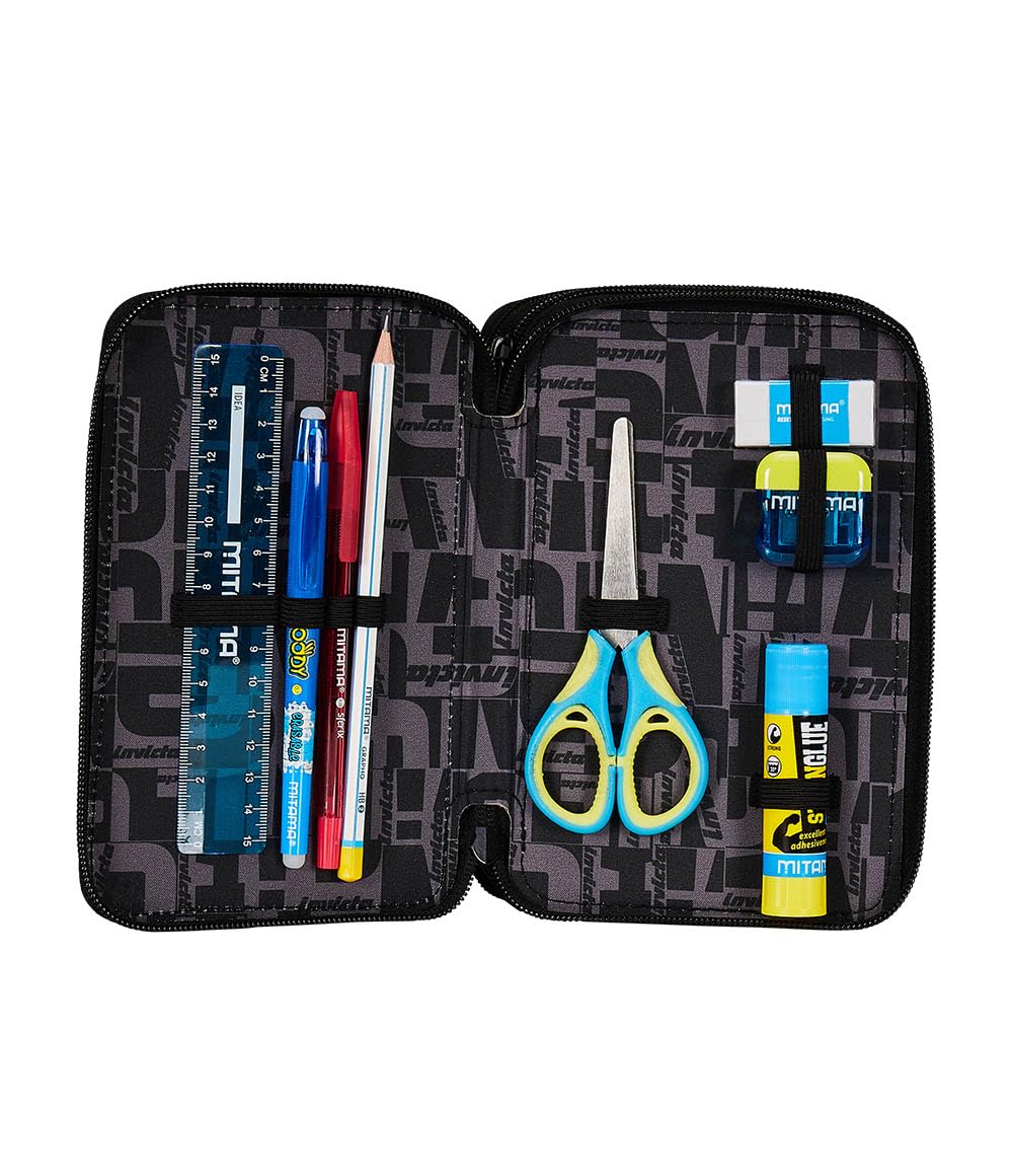 Invicta Trousse Scolaire 3 Zip Fantasy, Noir, Triple Compartiment Complet avec stylos, Crayons et marqueurs, Accessoires Scolaires, Accessoires Sac à Dos, école Primaire, Enfant, Noir, Scolaire