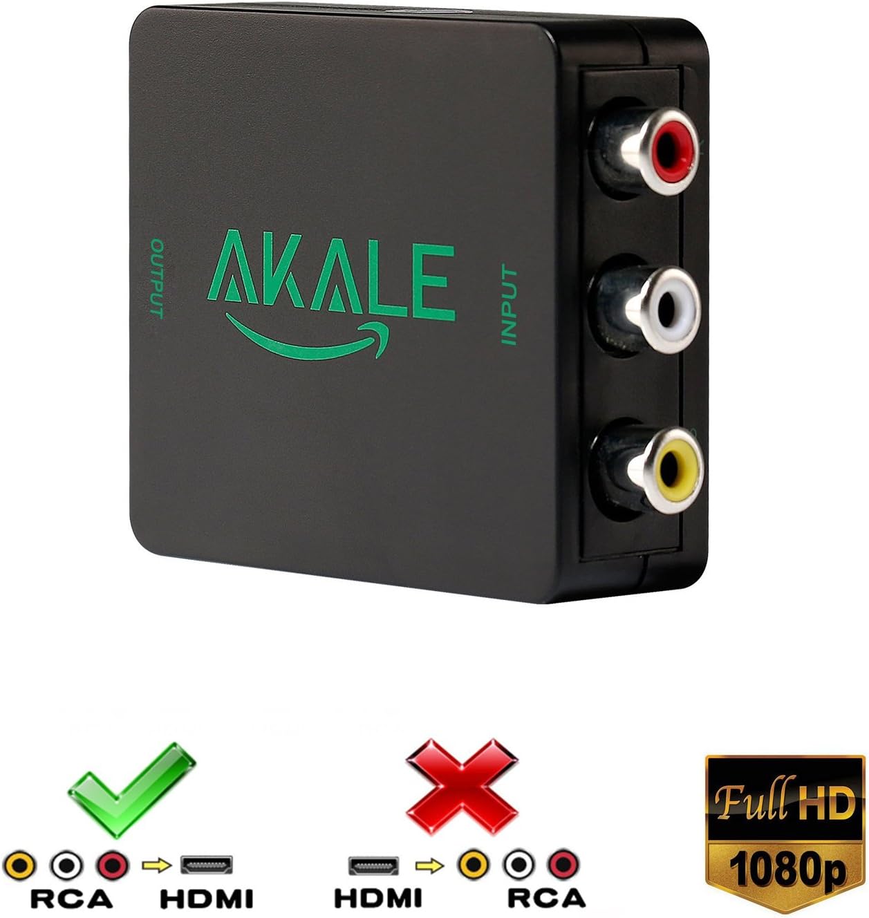 Akale RCA Composite CVBS AV to HDMI Video Audio Converter Adapter Mini Box Support 1080P for TV/PC/PS3/Blue-Ray DVD,Black