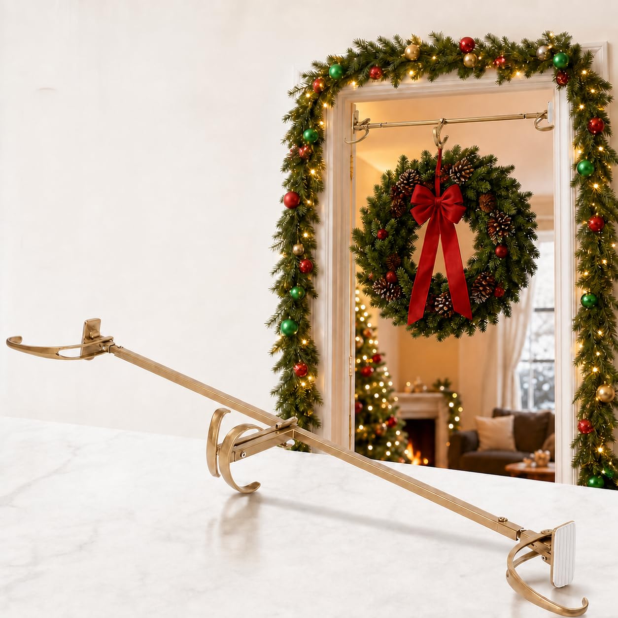 Adjustable Garland Hanger for Front Door, Adjustable to Different Door Widths, Wreath Holder Christmas, Halloween DecorationsNoScrews/Drilling Damage-Free InstallationGarland Doors