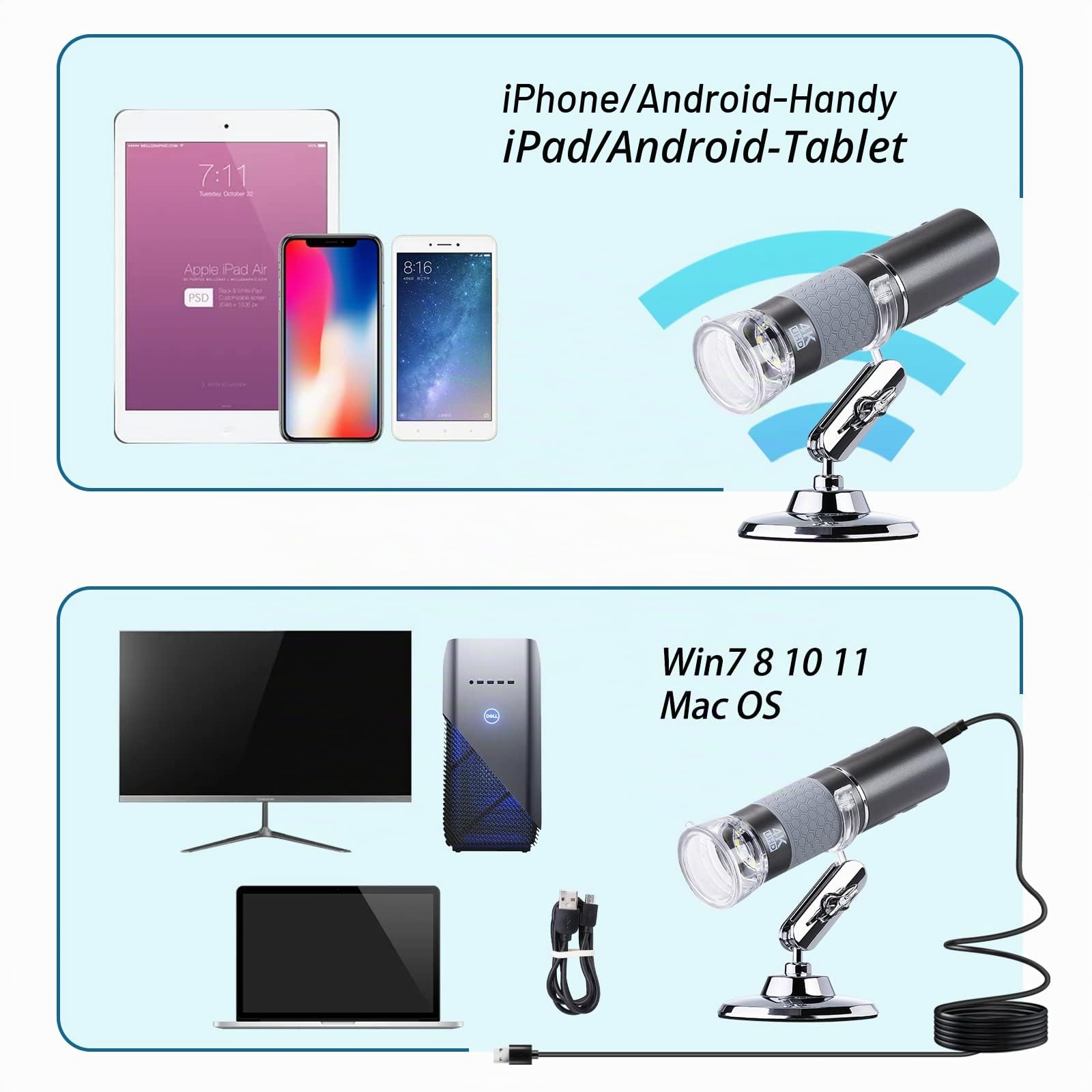 HD 8MP 3840x2160P WiFi Digitale Mikroskopkamera für iPhone Android Phone und Windows Mac PC, kabelloses Handmikroskop, tragbares Mikroskop mit Ständer für Erwachsene und Kinder