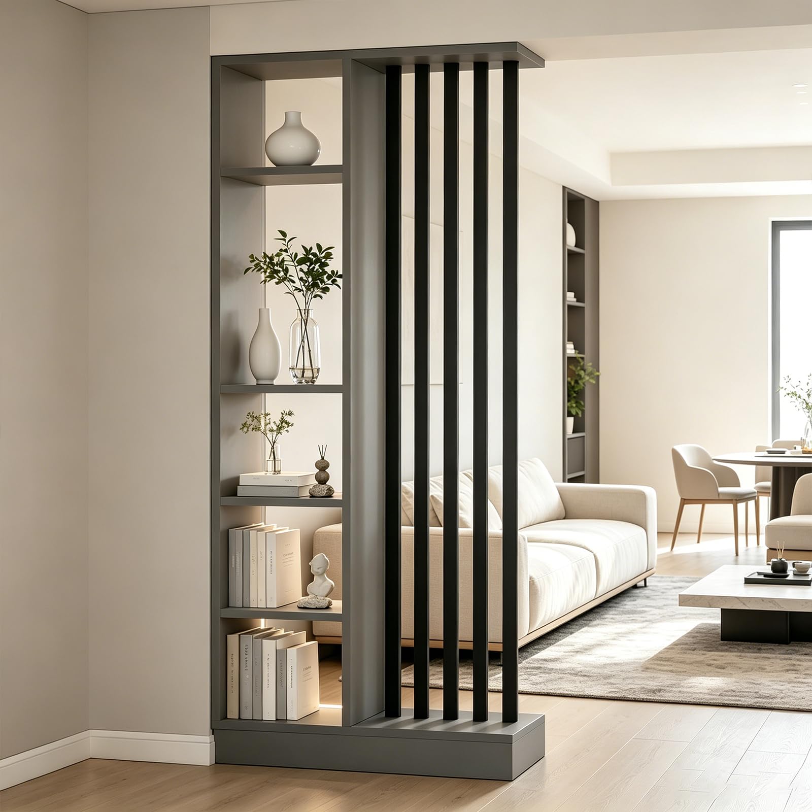 Solid Wood Room Divider with Storage Shelf, Entrance Partition Home Office (Black+Gray, 31.5in/80cm)