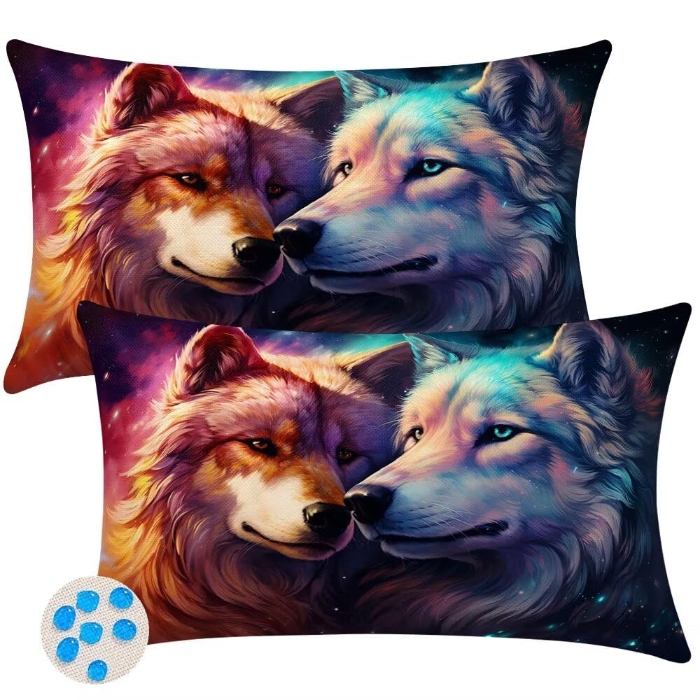 Outdoor Cushions Waterproof Cushion Covers 35cm x 55cm Pack of 2 Animals Garden Cushion Cover Wolf Couple Throw Pillow Covers 14 x 22 Inch Outdoor Pillowcase for Garden Furniture Living Room -SC392