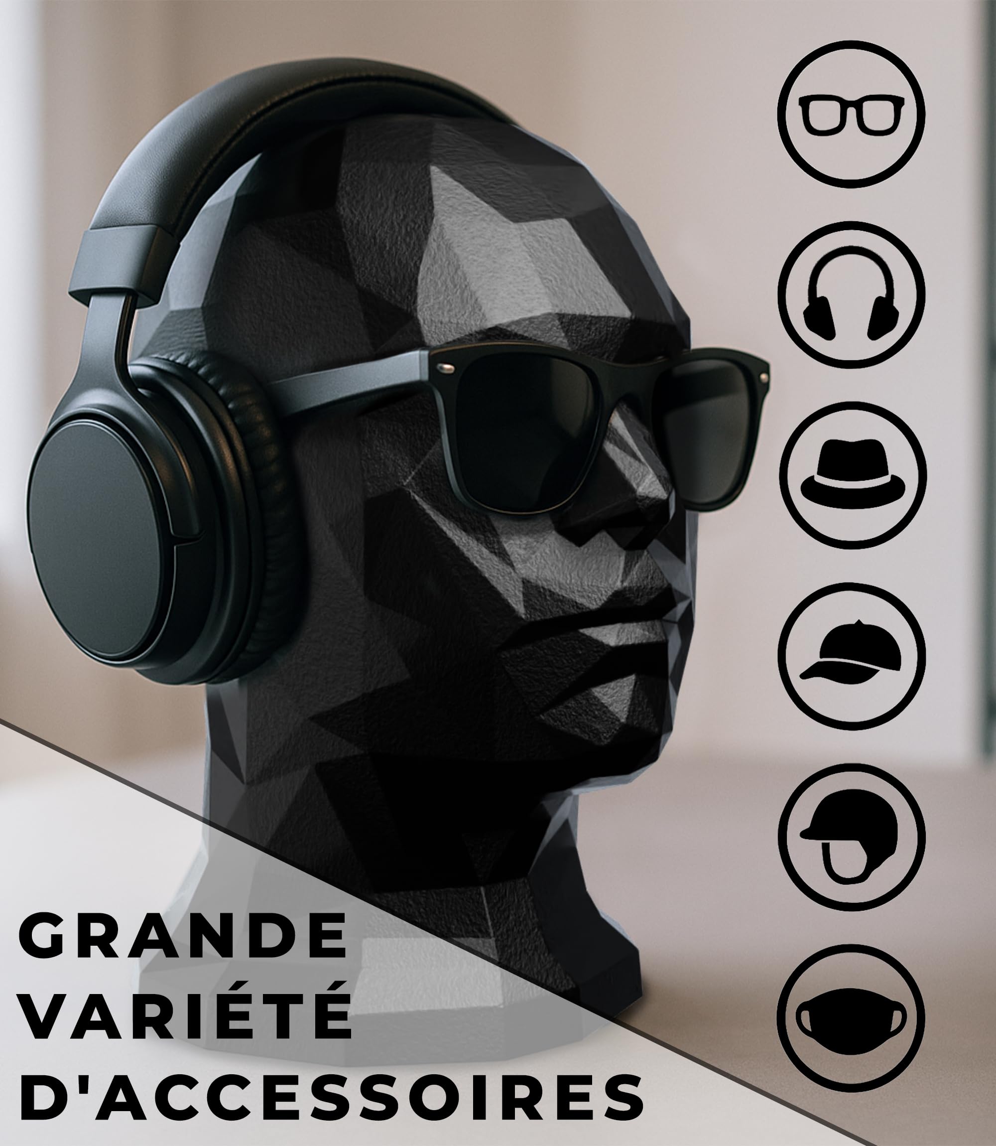 Tête Mannequin Homme Porte Accessoires pour Lunettes VR Support Exposant Moderne Casques Casquettes Écouteurs (Noir)