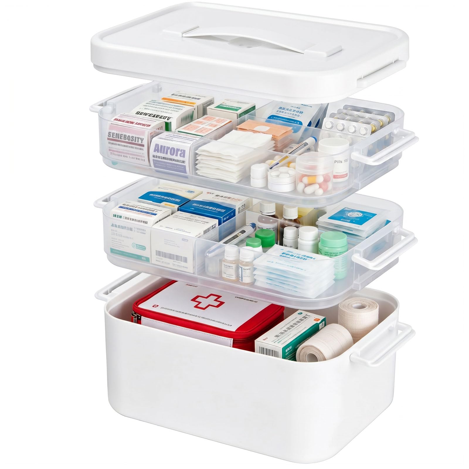 Medicine Storage Box, 3-Layer First Aid Box with Compartments, Portable Multipurpose Storage Box Organiser, Emergency Medical Storage Kit for Family, for Home Office Car Travel - White (Medium Size)