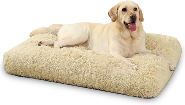 KSIIA Calming Dog Crate Bed Large, Fluffy Washable Mattress, Long Plush Anti Anxiety Mat, Non Skid Bottom Dog Pillow Cushion, Pet Beds Beige 90x60cm