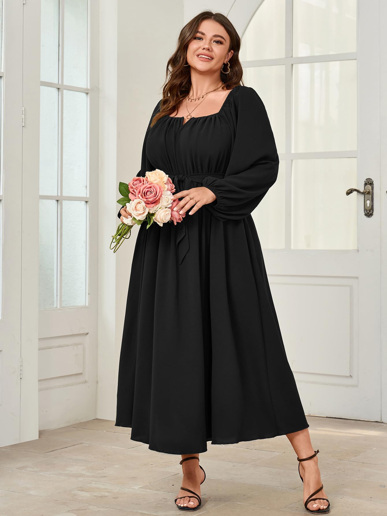 SCOMCHIC Women Plus Size Maxi Dress Long Sleeve Square Neck Wedding Guest Cocktail Belted Elegant Flowy A Line Long Dresses