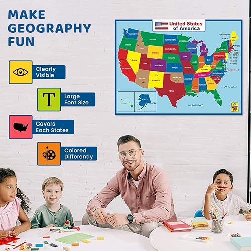 Miniatura 3 de Póster laminado de mapa de Estados Unidos, póster educativo de doble cara para niños y adultos, mapa impermeable de 17 x 23 pulgadas para el aula en
