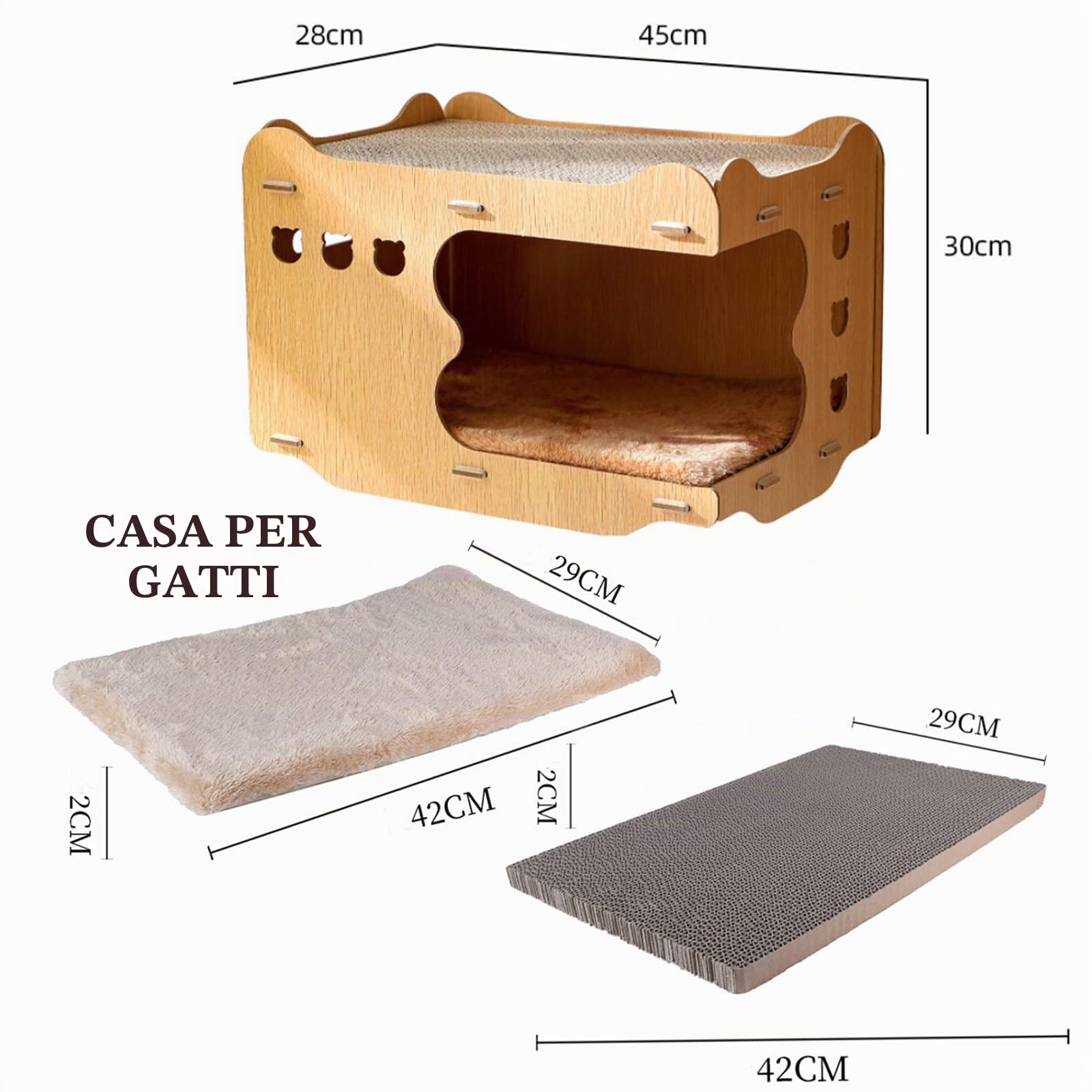 Tiragraffi cartone,Cuccia gatto,di legno Casetta per gatti,lungo：45cm，Larghezza：28cm，alto：30cm,2 che affilano gli artigli, Trespolo per,Tappetino tiragraffi per gatti.