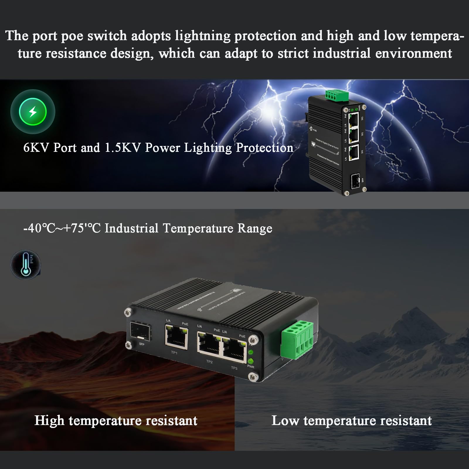 Switch industriale a 3 porte Gigabit PoE+ con slot SFP 12-48VDC Ingresso ad ampia tensione DIN e montaggio a parete da -40°C a 75°C RJ45 temprato 10/100/1000Mbps 802.3at 30W/Port Ethernet Switch
