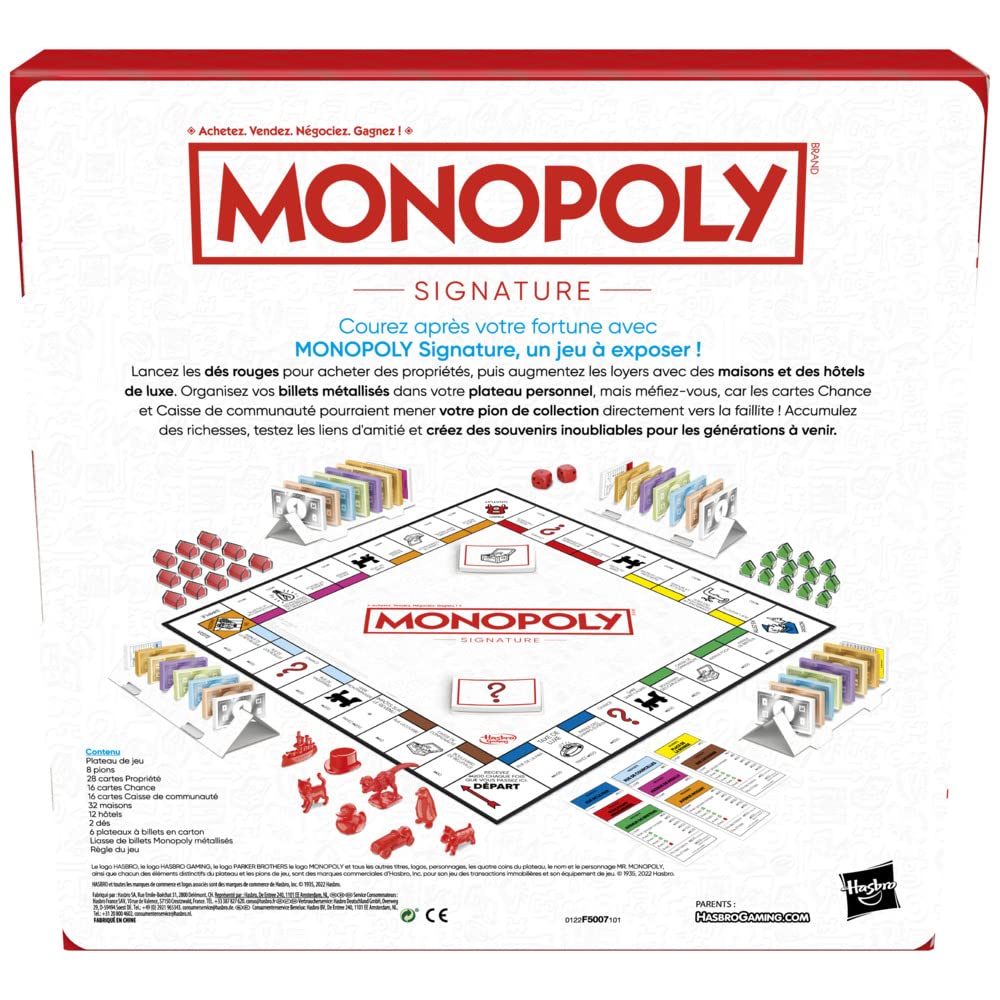 Monopoly Signature, Gioco da tavolo per la famiglia, per 2-6 giocatori, Confezione ed elementi di gioco Premium, Conservazione integrata, da 8 anni