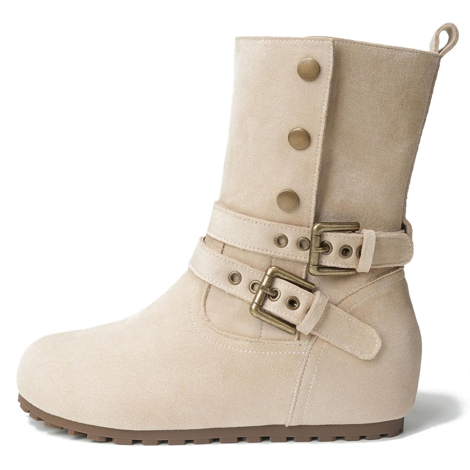Womens Suede Inner Height Mid Calf Booties with Adjustable Double Strap Retro Metal Button Decoration Low Heel Pull