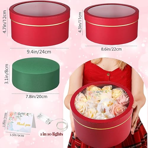 Miniatura 9 de Nuenen 4 cajas de regalo redondas para el día de San Valentín con tapas, luces LED, de espuma floral, tarjetas de felicitación florales, arreglos