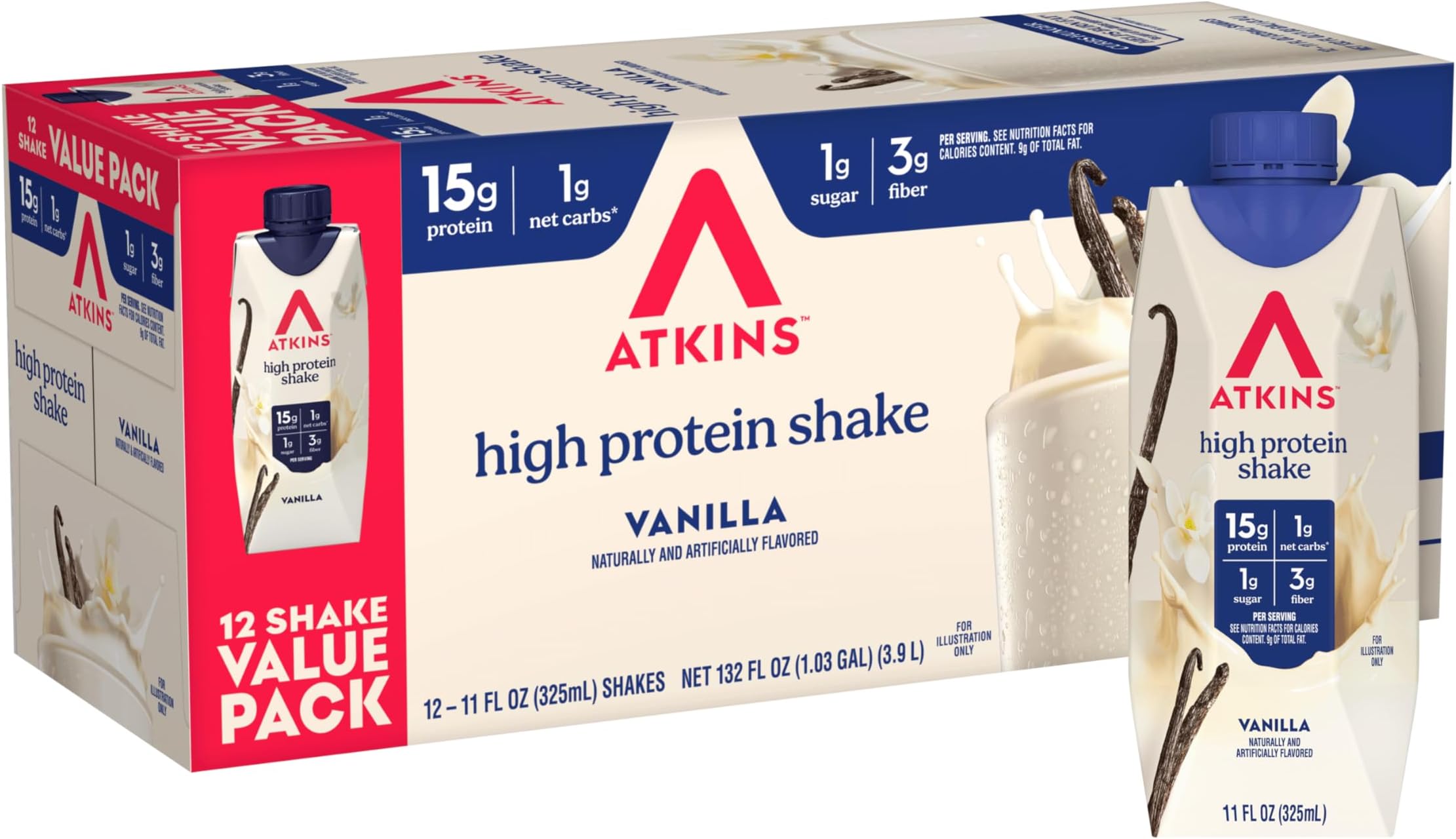 Vanilla High Protein Shake, 15g Protein, Low Glycemic, Low Carb and Low Sugar Protein Shakes, Keto Friendly Ready to Drink Shakes, 12 Vanilla Flavored Protein Shakes