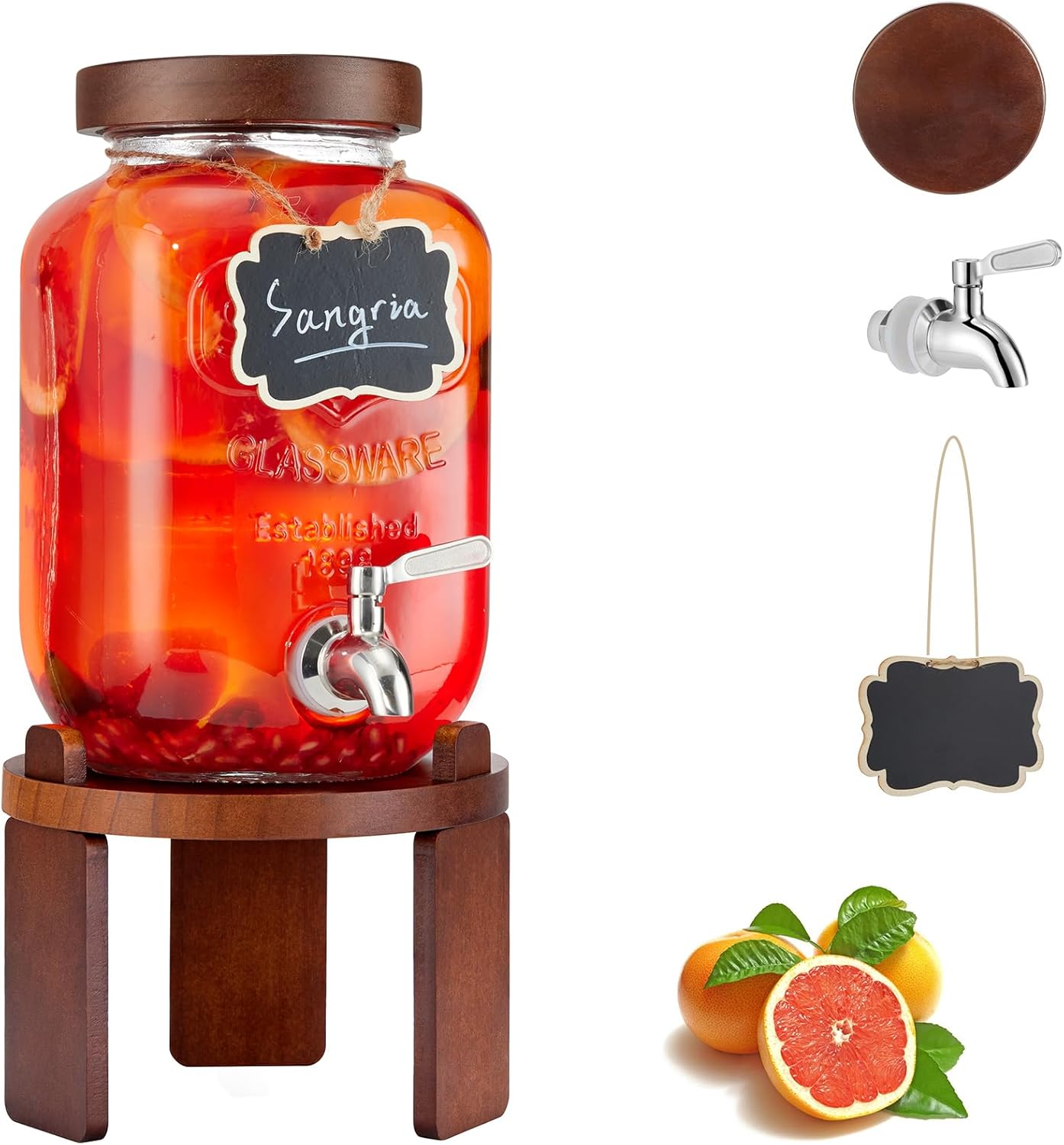 Dispensador de bebidas de 1 galón para fiestas, dispensador de bebidas de vidrio con soporte, dispensador de agua con espita de acero inoxidable