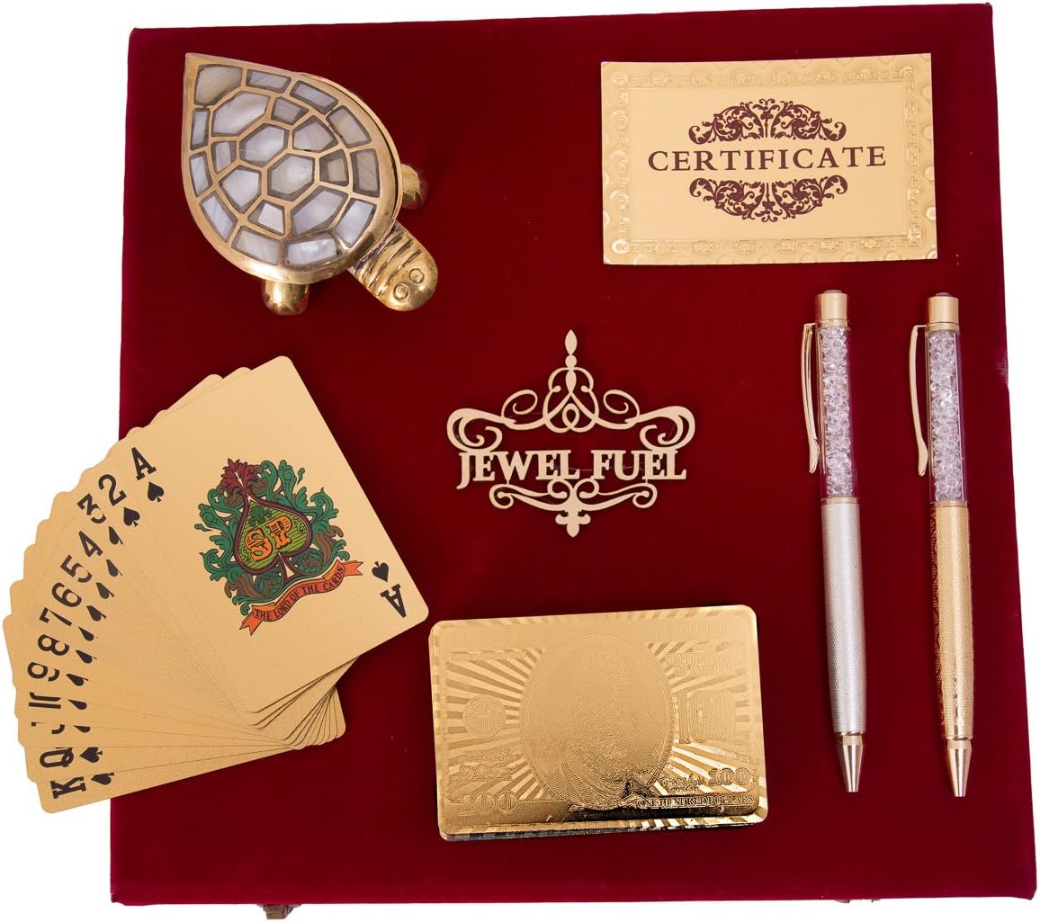- 24K Gold Playing Cards, Feng-Shui Tortoise, Gold Plated Pen & German Silver Ball Pen Gift Set