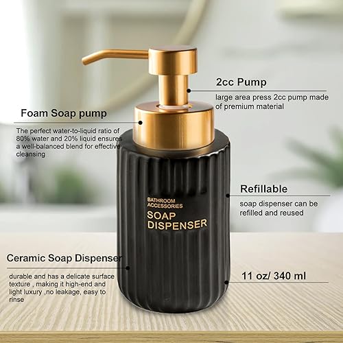 Miniatura 2 de YYW Dispensador de jabón espumoso de cerámica, dispensador clásico de loción de jabón a rayas de 14.1 fl oz, dispensador de jabón ligero de lujo,