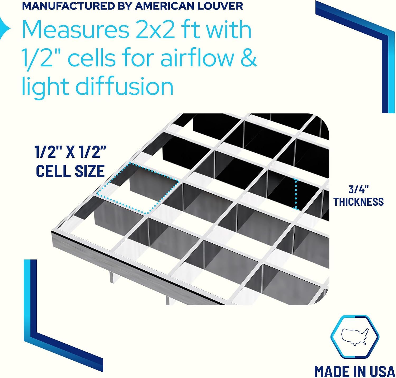 KASTLITE Chrome Egg Crate Fluorescent Light Covers, 23 5/8” x 23 5/8" Polystyrene Drop Ceiling Grid Diffuser & HVAC Air Vent Grille - 1/2"x1/2"x3/8" Cell Eggcrate Panels, 8-Pack - Manufactured in USA