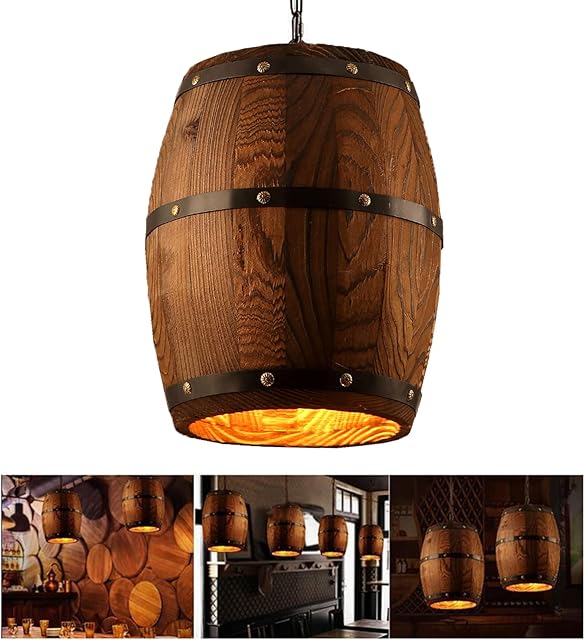 YOXANG Vintage Wood Barrel Shade Pendant Light Retro Style Adjustable Chain Hanging Lights E27 Creative Unique Ceiling Pendant Light Fixtures Rustic Lamp Cafe Bar Kitchen Store Antique Chandelier