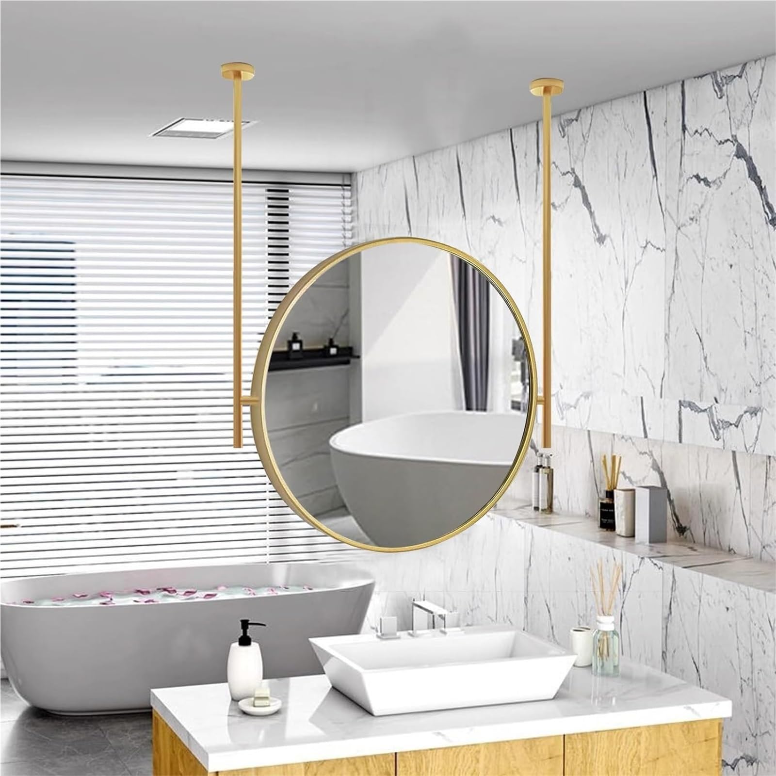 CGCSYZ Round Double Rod Ceiling Floating Mirror, Metal Frame Vanity Shaving Makeup Mirror For Ceiling Mounted Vanity Shaving Makeup Mirror Above Sink (One Color 60cm/23.6inch)