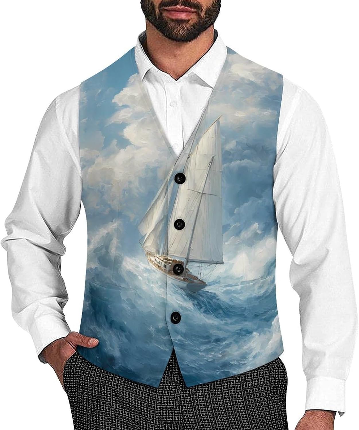 Sailboat Sailing on Rough Waves Men's Suit Vests Waistcoat V-neck Formal Dress Tuxedo for Business
