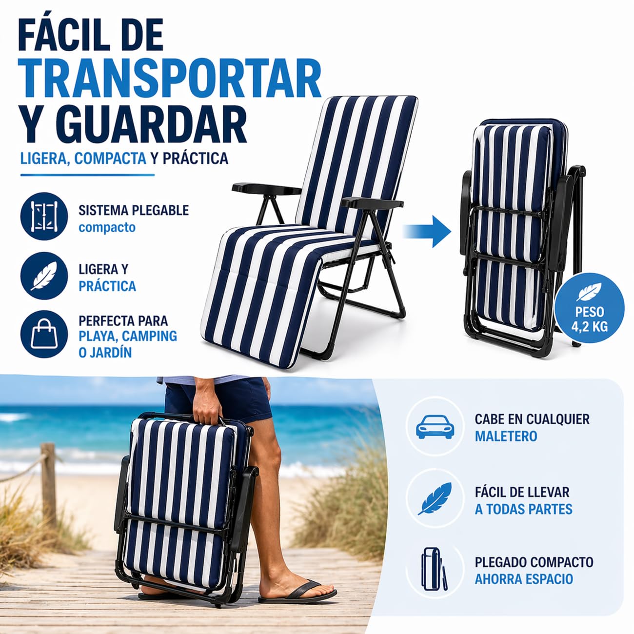 TIENDA EURASIA – Pack 2 Tumbonas Plegables de Camping | Diseño Marinero | 5 Posiciones Reclinables | 84x58x106 cm | Estructura de Aluminio | Soporta hasta 100 kg | Tejido Resistente | Playa y Jardin