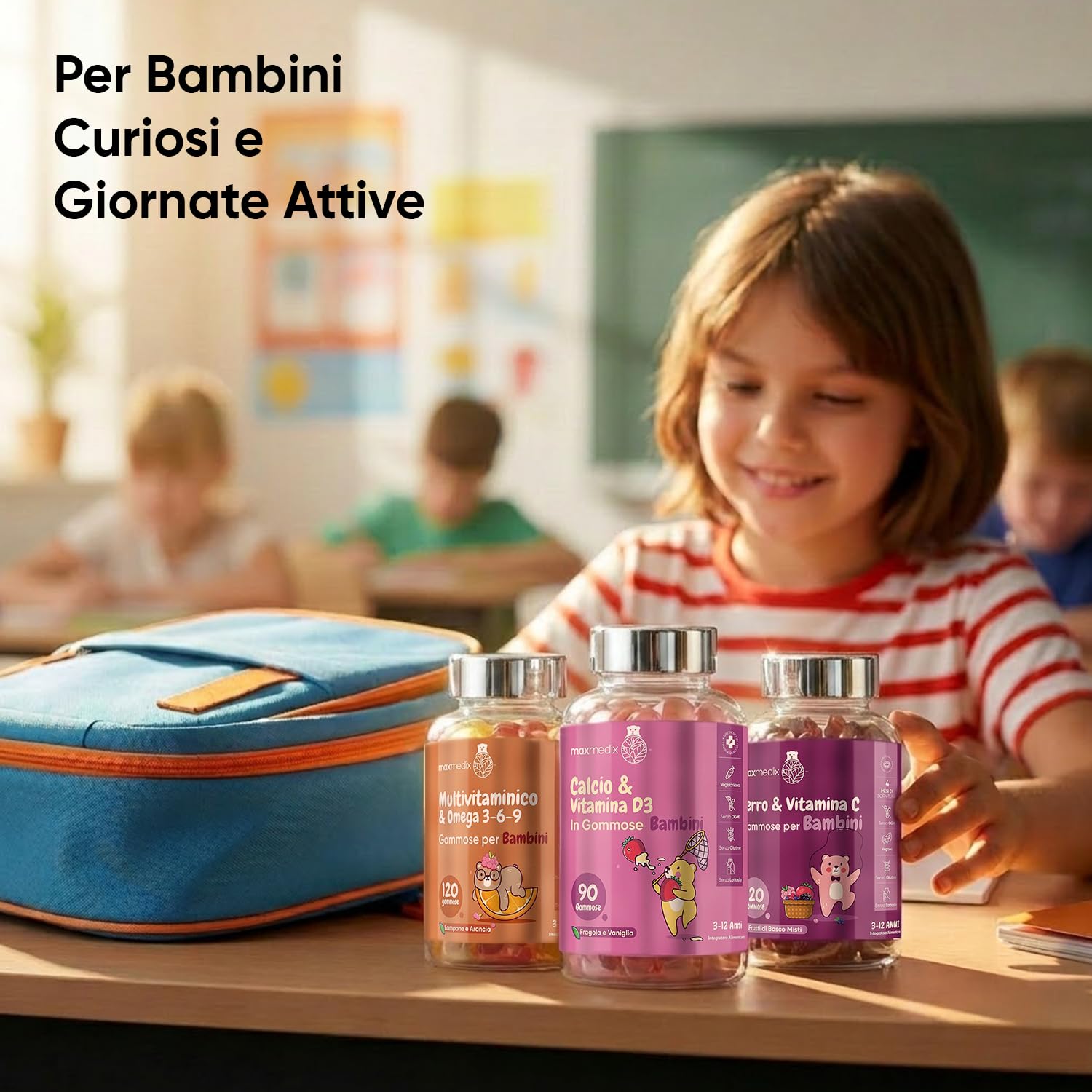 Vitamine Bambini con Omega 3-6-9, Ferro e Vitamina C, Calcio e Vitamina D3|Multivitaminico in Gommose, per Bambini dai 3 ai 12 anni, all'Aroma di Frutta, Integratore Alimentare Senza Glutine