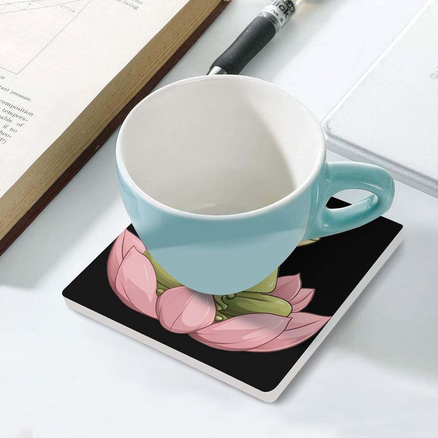 Frog-Lotuses Ceramic Coasters Square Drinks Coaster Coffee Table Decor Table Coaster for Home Bar