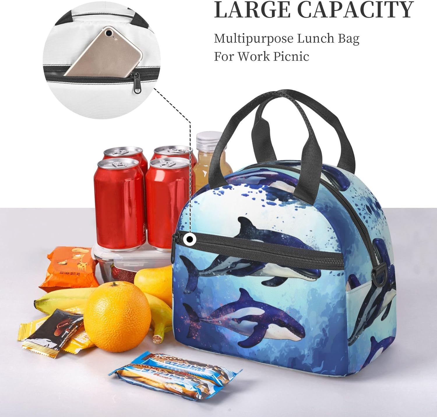 Insulated Lunch Bag for women Men Lunch Box Orca Killer Whale Reusable Leakproof Lunch Cooler Bag for Picnic Work