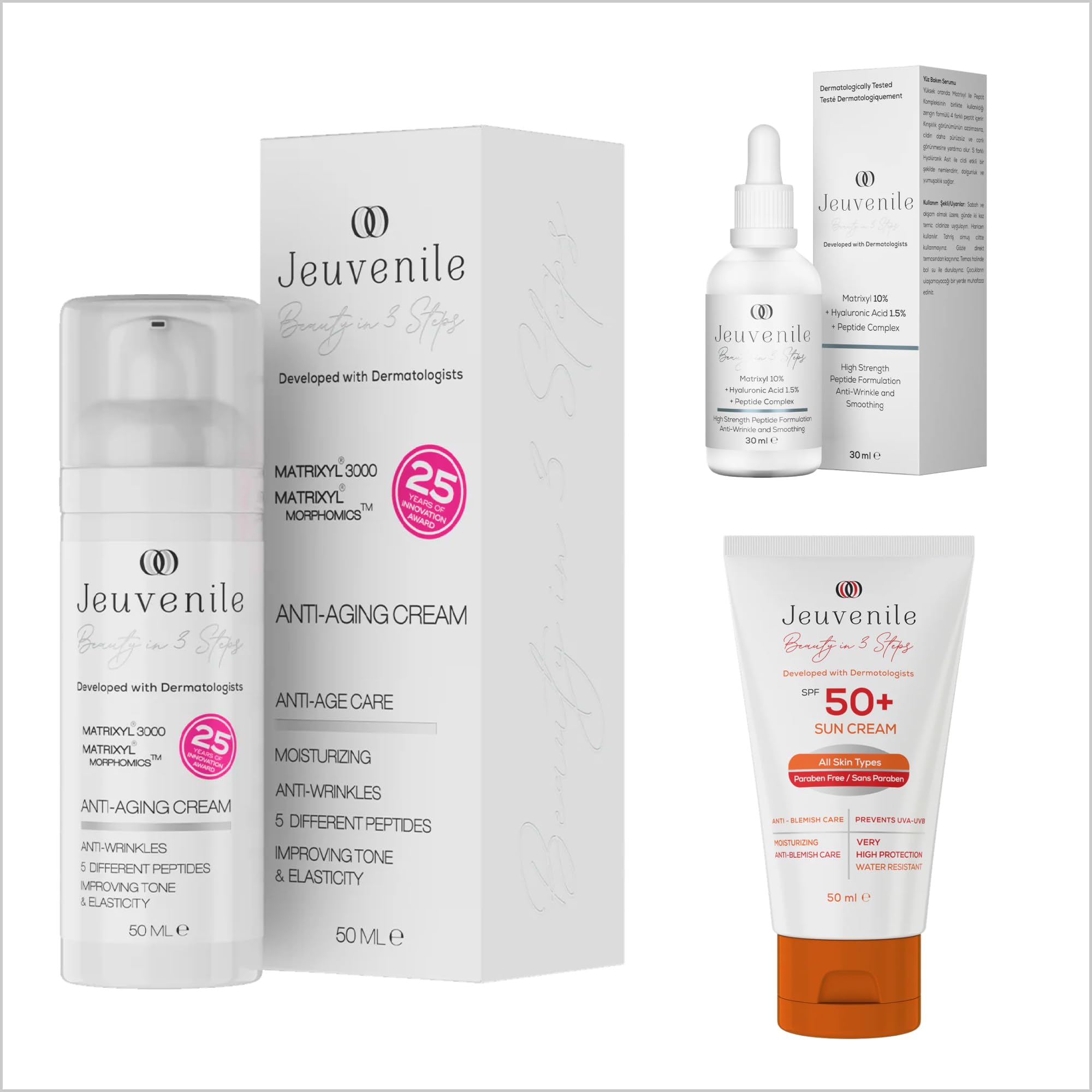 Jeuvenile Anti-Aging+ Skincare Bundle : Matrixyl Serum, Anti-Aging Cream, SPF 50+ Sunscreen (Dermatologist-Tested) - Visibly Reduce Wrinkles, Clinically Proven Results, Hydrate & Nourish, Fight Free