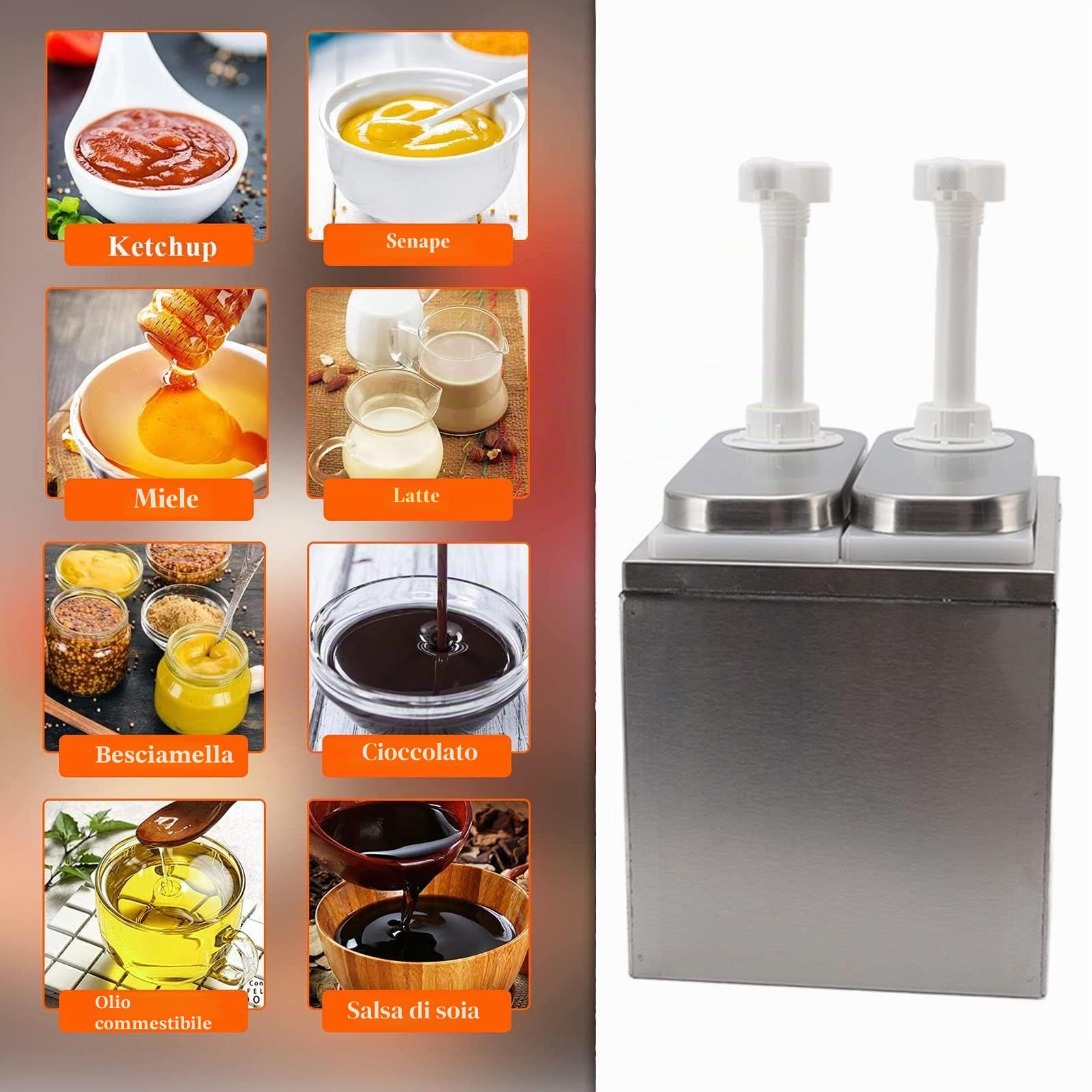 Dispenser di salse, dispenser di ketchup, in acciaio inox, per la , la casa, la senape, il , il latte, la besciamella (pompa doppia da 1 litro)