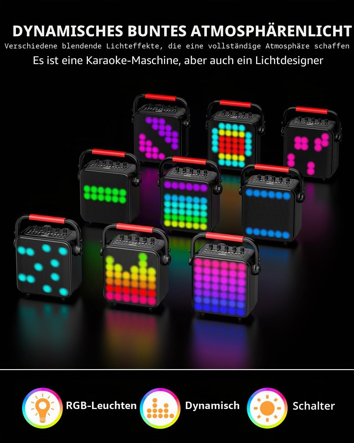 Karaoke Maschine,Karaoke anlage Box mit 2 mikrofonen,Bluetooth Lautsprecher,PA System mit Karaoke-Modus/Bass- und Höhenregelung/Mikrofon-Vorrang/Rec/EQ/FM/Echo/TWS,Supporta USB/TF/AUX