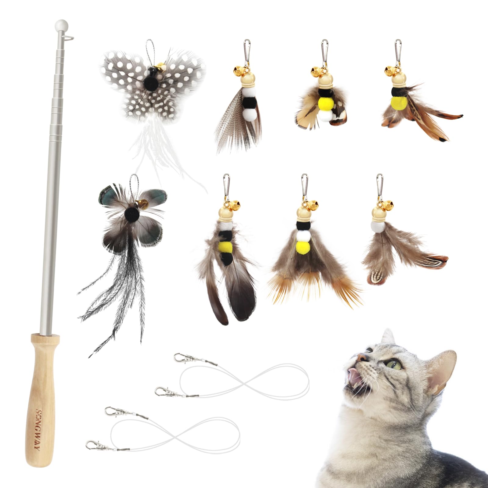 SONGWAY Cat Toys Feather Wand - Retractable Cat Wand Toy and 8 Pieces Insect Cat Feather Toys with Bell, Interactive Cat Toys for Indoor Cats Kittens