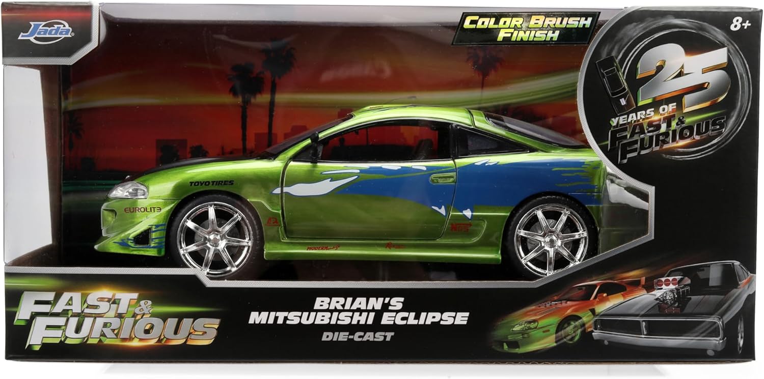 Jada Toys Fast & Furious 1:24 Scale Anniversary Edition 1995 Mitsubishi Eclipse Die-Cast Car with Brush Metal Finish – Collector Display Model