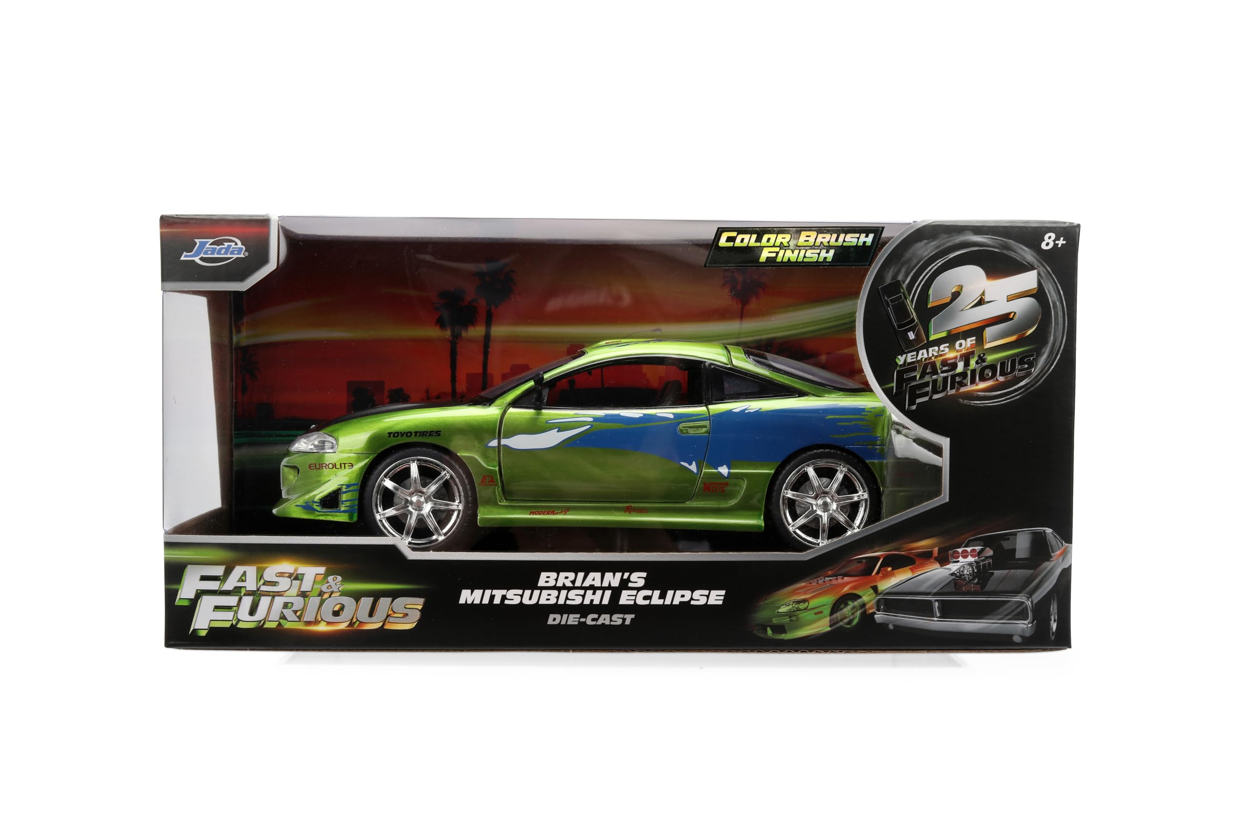 Jada Druckguss-Modellauto, kompatibel mit Fast & Furious 25th Anniversary Edition 1:24 Brians 1995, Mitsubishi Eclipse Pinsel, Farbe Finish