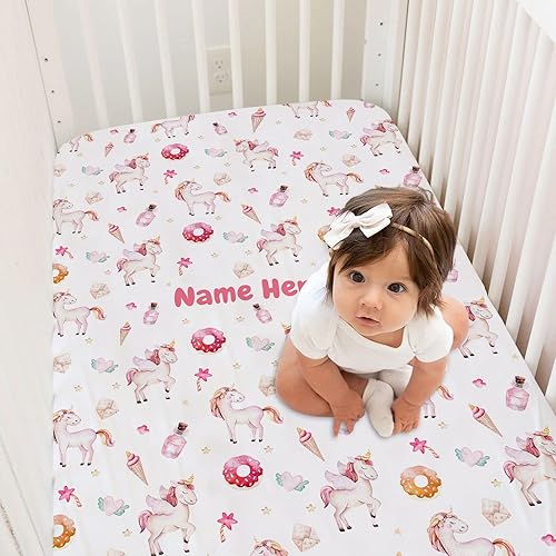 Miniatura 8 de Sábanas personalizadas para cuna de bebé arcoíris colorido con nombre, paquete personalizado y sábanas de juego para niñas bebés, sábanas de colchón