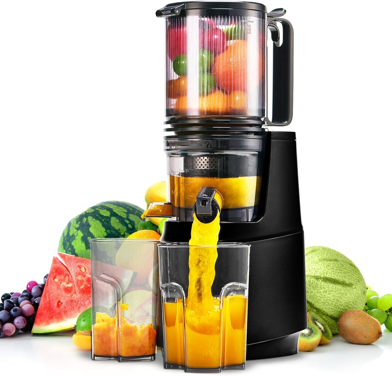 MAISON HUIS Entsafter Slow Juicer mit 13.5cm Extra Großem Einfüllschacht für Ganze Früchte und Gemüse, leicht zu Reinigen Entsafter Gemüse und Obst, Hohe Saftausbeute Juicer Machine,Schwarz