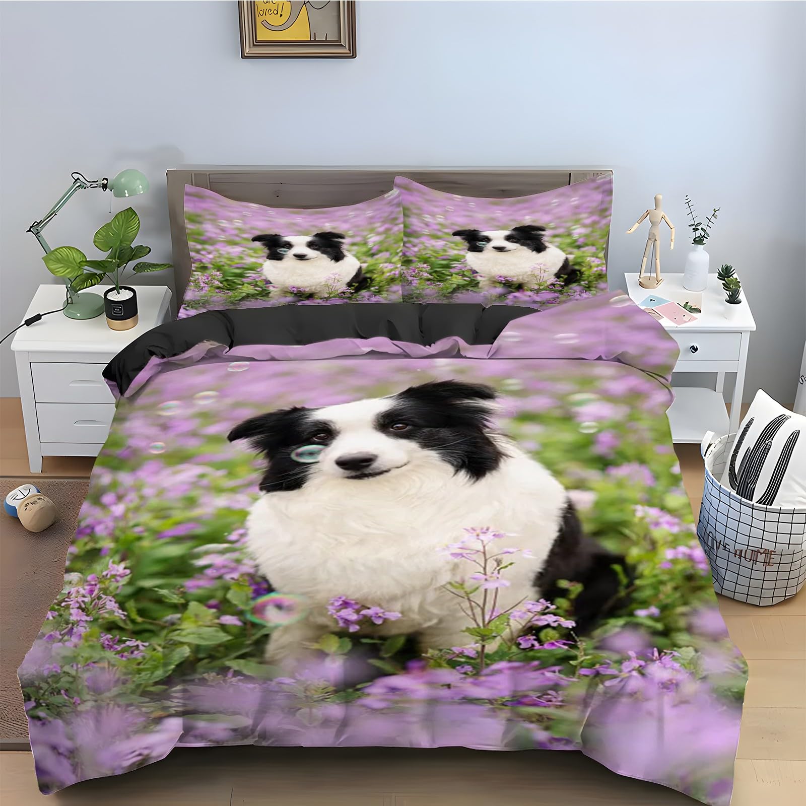 Housse de couette 200x200 microfibre avec taies d'oreiller motif chien de berger fleurs