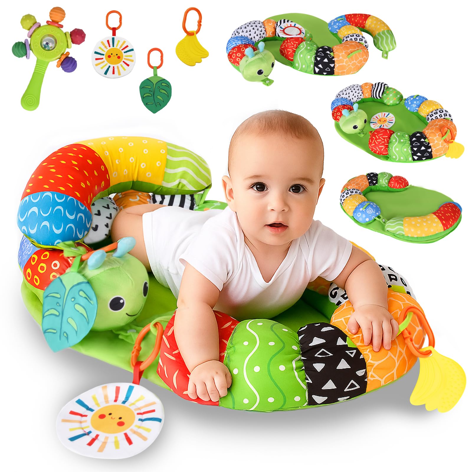 Charmofun Tappeto Gioco Neonato, 4 in 1 Tummy Time Neonato 0-3 Mesi, Caterpillar Cuscino Tummy Time con Specchio e Sonaglino per Supporto Seduto