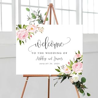 Personalized Horizontal Light Pink Floral Wedding Welcome Sign, Customized Rehearsal Dinner Couples Shower Anniversary Party Welcome Poster Board Canvas