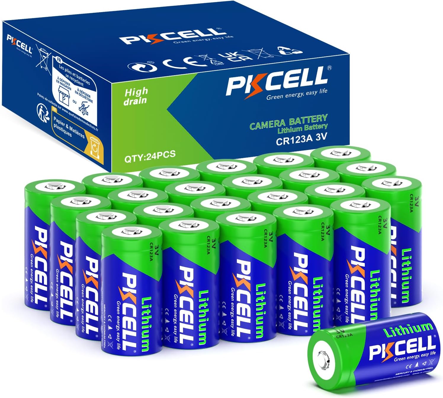 PKCELL CR123A 3V Lithium Battery 24-Pack 123A Batteries Lithium Battery CR17345